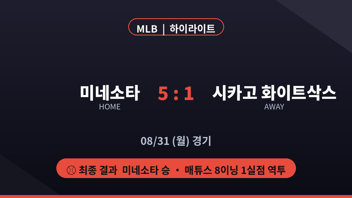 미네소타 시카고 화이트삭스 MLB 하이라이트 스코어 카드