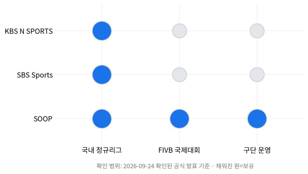 V리그 중계 채널별 국내 정규리그 국제대회 구단운영 보유 현황 매트릭스