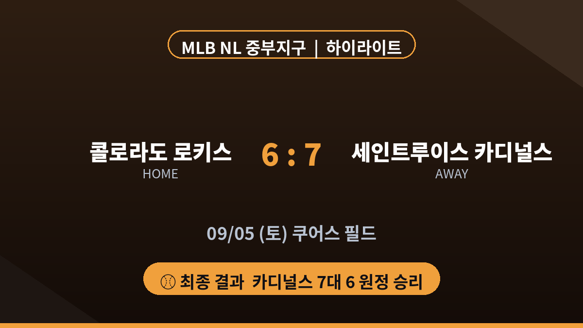 콜로라도 세인트루이스 MLB NL 중부지구 하이라이트 최종 스코어 카드