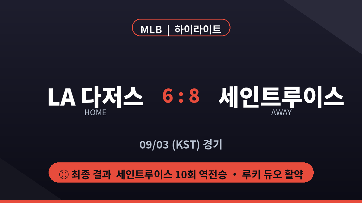LA 다저스 세인트루이스 MLB 경기 결과 하이라이트 스코어 카드