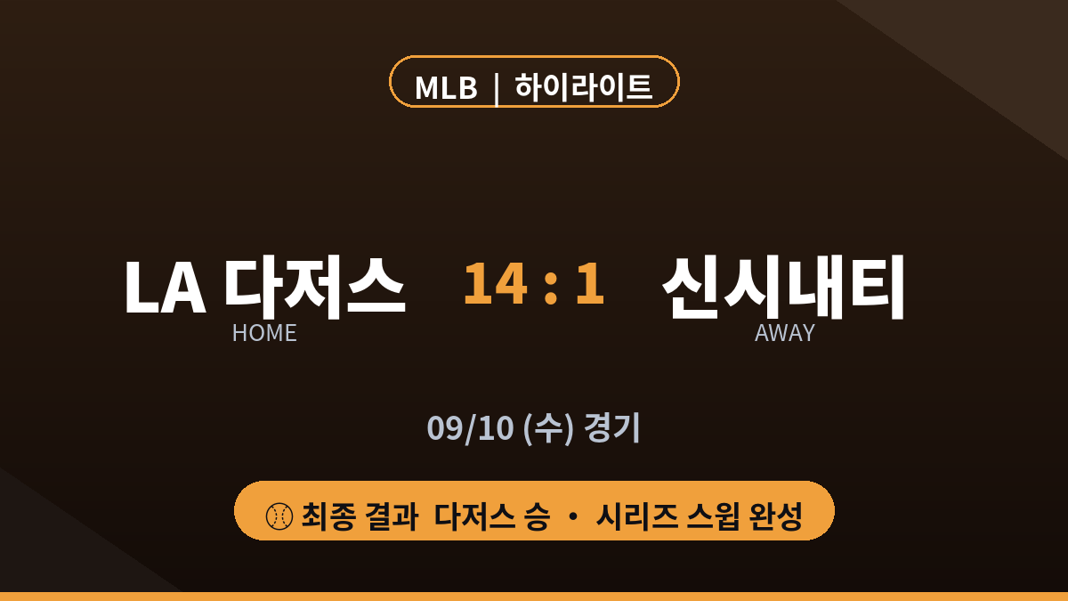 LA 다저스 신시내티 MLB 경기 결과 하이라이트 스코어 카드