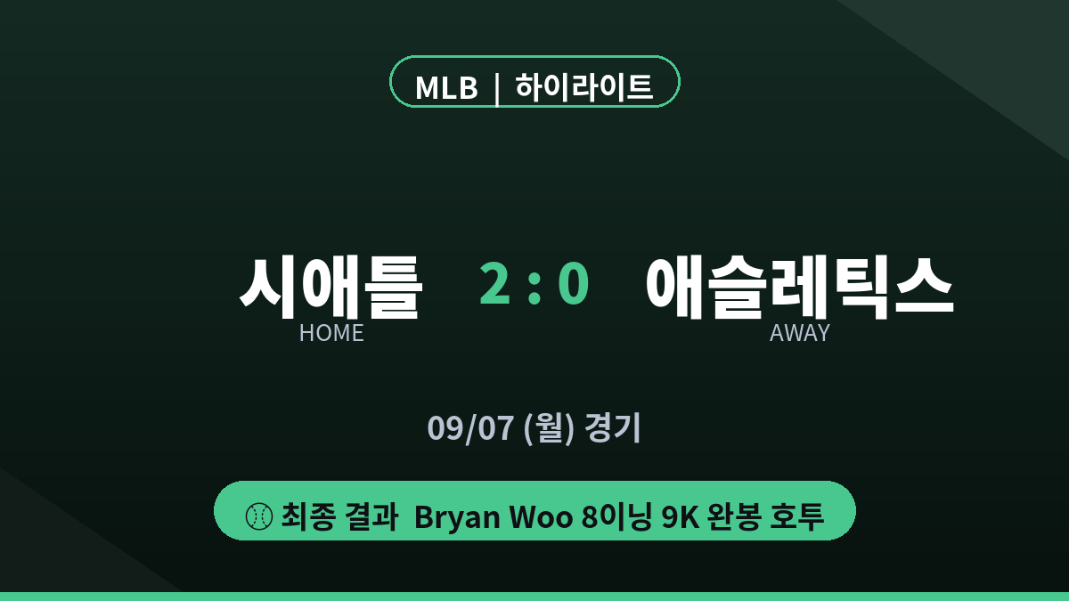 시애틀 애슬레틱스 MLB 경기 결과 하이라이트 스코어 카드