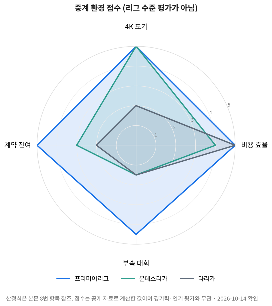 해외축구 중계 실시간 환경 점수 레이더 차트