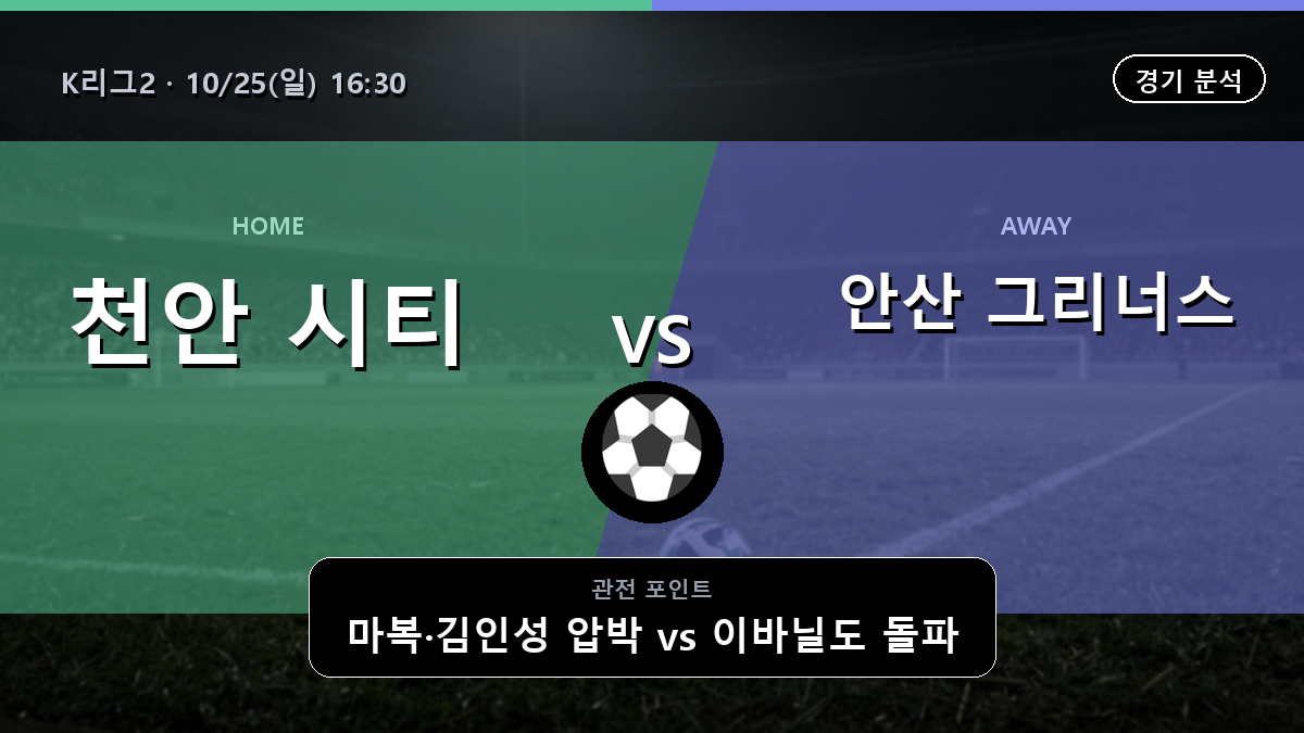 천안시티 안산 그리너스 K리그2 경기 분석과 중계 정보