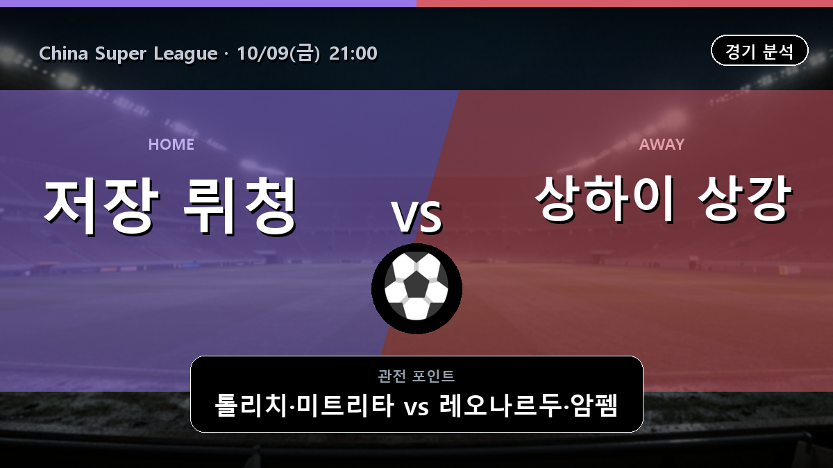 저장 뤼청 상하이 상강 China Super League 경기 분석과 중계 정보
